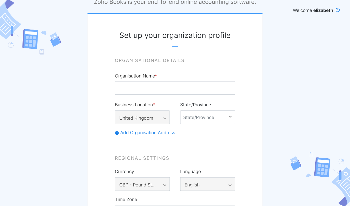 Zoho Books - Set up profile