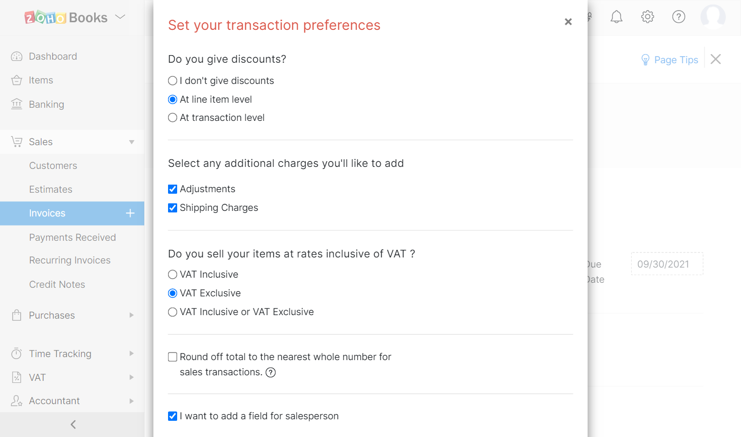 Zoho Books - Transaction Preferences